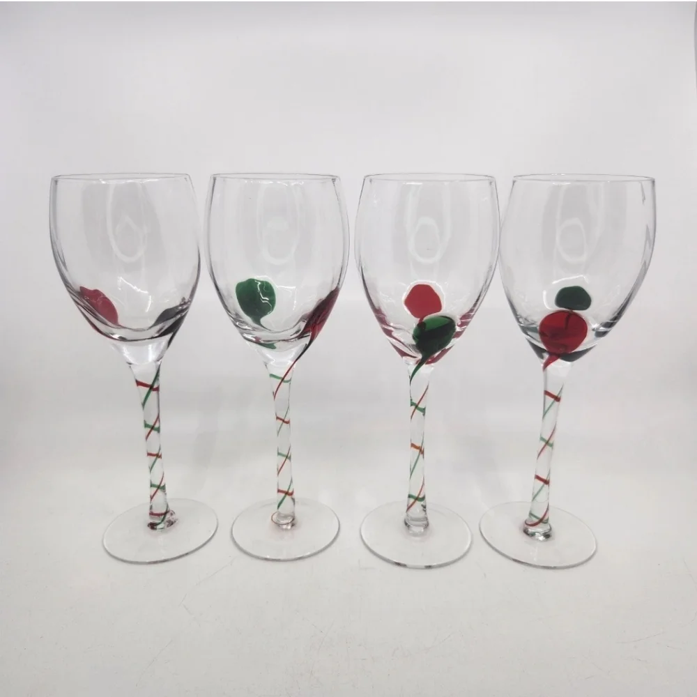 Pier 1 Imports Christmas Wine Glasses Red Green Drop Swirl Stem Optic Ribbon  4